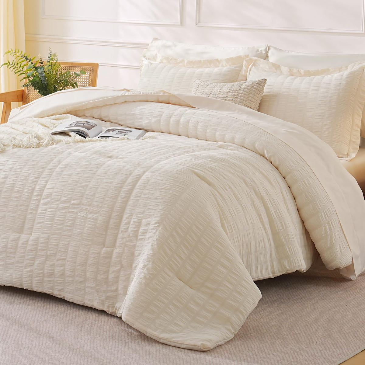 FreshCulture Comforter Set Seersucker 7 Pieces, All Season Bedding Set Queen, Bed in a Bag Comforter Set with 1 Comforter, 1 Flat Sheet, 1 Fitted Sheet, 2 Pillowcases and 2 Pillow Shams, Dark Grey