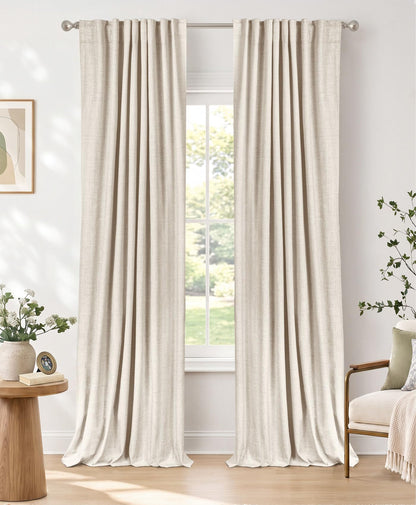 Linen Total Blackout Curtains for Bedroom Living Room 84 Inch, Cream