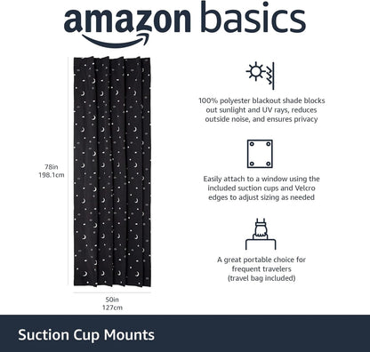 Amazon Basics Portable Room Darkening Blackout Curtain Shade with Suction Cups, Noise Reduction, 50"W x 78"L, Moon and Stars, 1-Pack