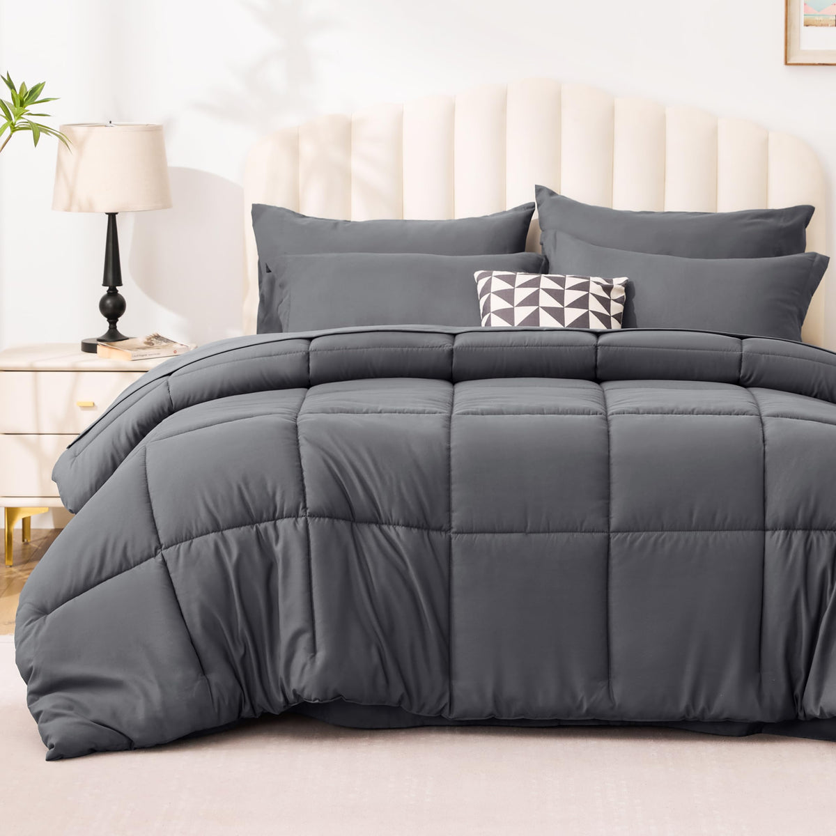 Love's cabin Queen Comforter Set, 7 Pieces Bed in a Bag, Black