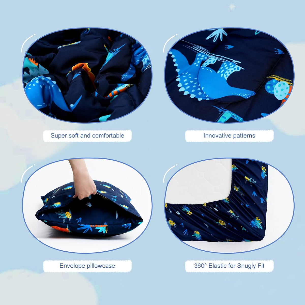david's kids 4 Piece Toddler Bedding Set - Soft Breathable Toddler Bedding Set for Boys Girls, Includes Quilted Comforter, Flat Sheet, Fitted Sheet and Pillowcase, Dinosaur Navy