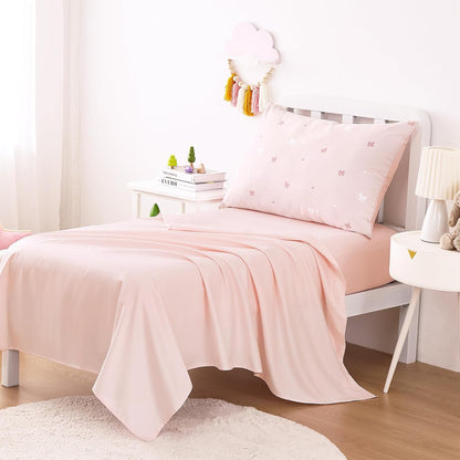 Wake In Cloud - Toddler Bedding Set for Girls, 100% Cotton Fabric, Cute Bow Heart Romantic Princess Style, 4 Pieces Soft Crib Bed Set Including Comforter, Sheets and Pillowcase, Pastel Pink