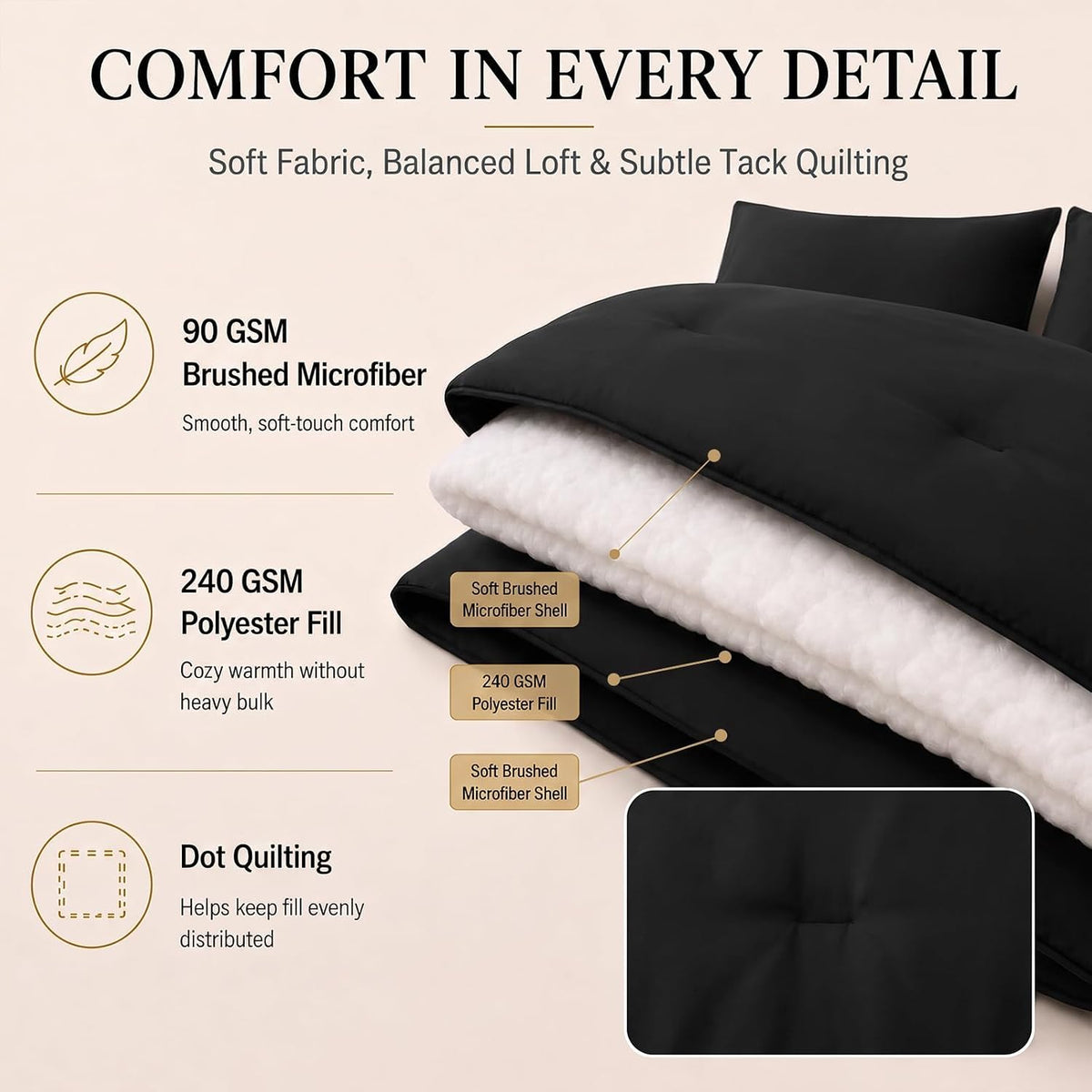 CozyLux Queen Comforter Set Black, 7 Pieces Bed in a Bag