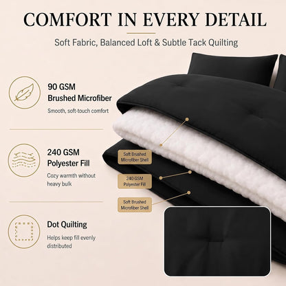CozyLux Queen Comforter Set Black, 7 Pieces Bed in a Bag