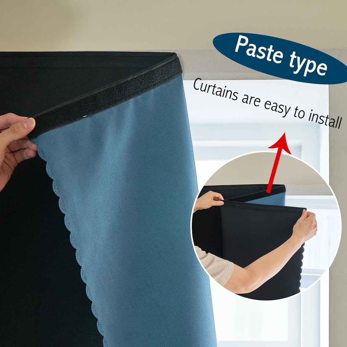 AJAZZ Self Adhesive Curtains 100% Blackout Shades Window Cover Sticky Curtain Portable Easy Open Black Out Curtains for Bedroom Living Room No Drilling (Black, 59" W x 63" L 1 Panel)