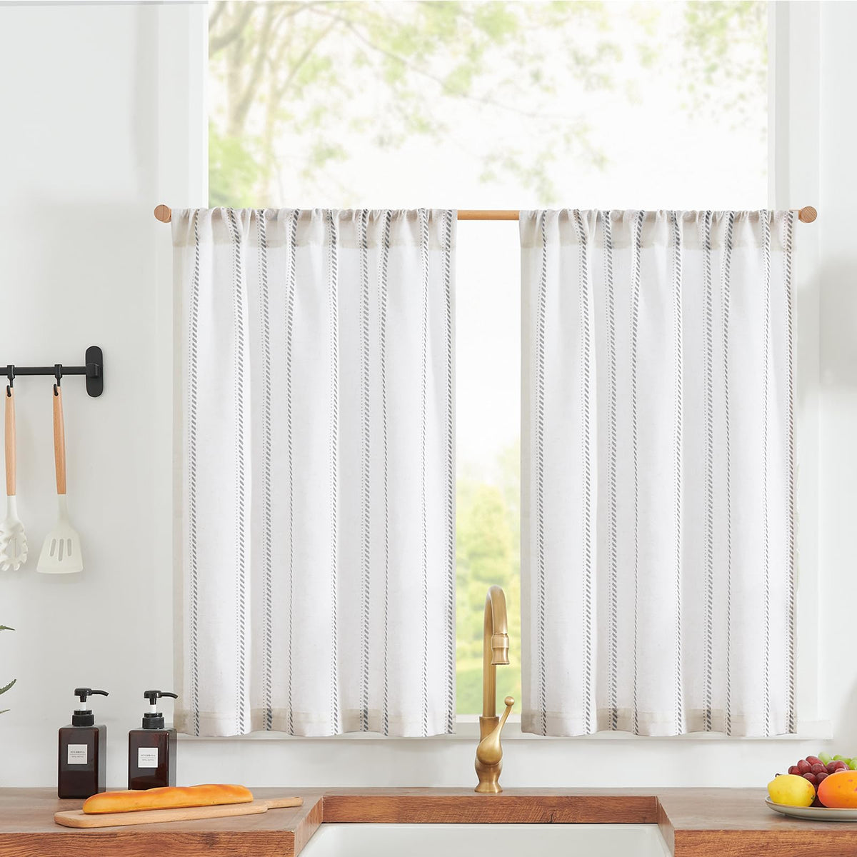 jinchan Linen Striped Tier Curtains for Kitchen Windows Green 26 x 24 inch