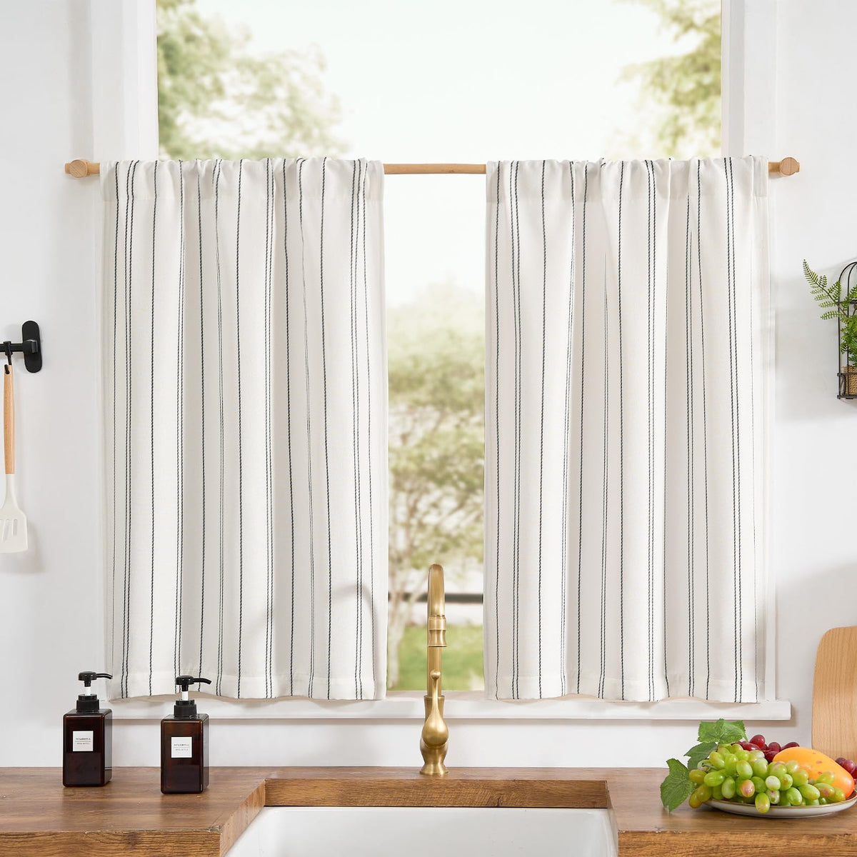 jinchan Linen Striped Tier Curtains for Kitchen Windows Green 26 x 24 inch