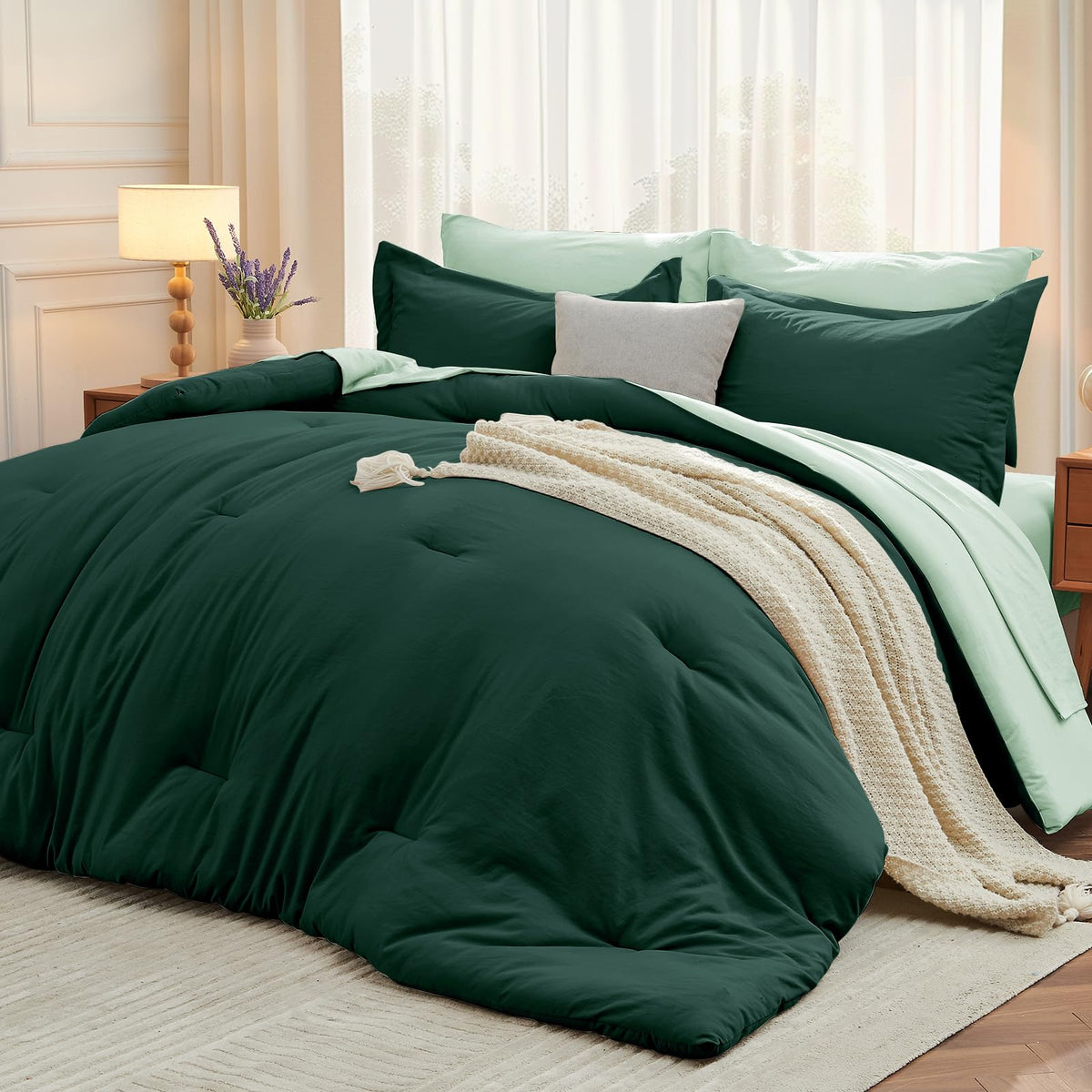 MUXHOMO Full Comforter Set 7 Pieces, Soft Bed in a Bag, Beige