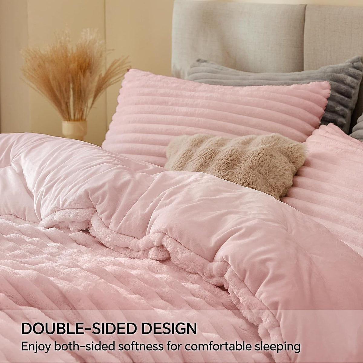 BEDELITE Fleece Queen Comforter Set, Fluffy Bed Set, Pink