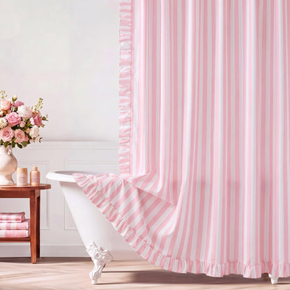 Pink Ruffled Striped Shower Curtain