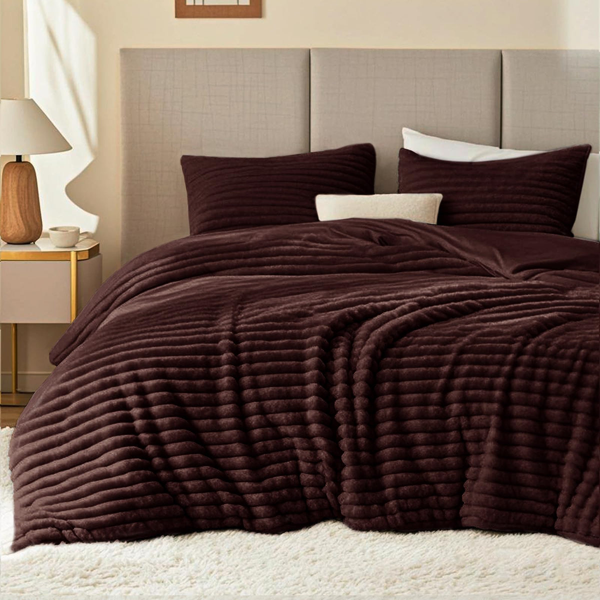 EXQ Home Fluffy Comforter Set Queen Size,3 Pieces Bed Set,Black