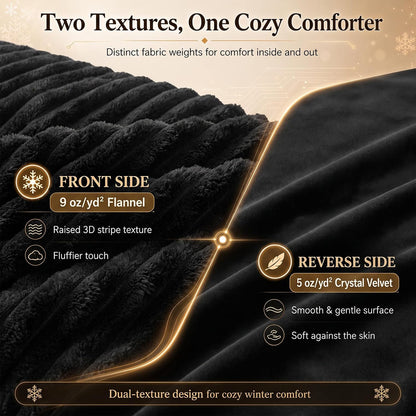 CozyLux Fleece Queen Comforter Set, 3 Piece Winter Warm Black Bedding
