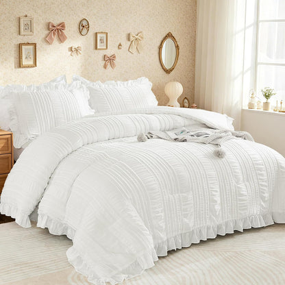 WONGS BEDDING White Queen Comforter Set,Boho Ruffle Comforter for Queen Bed,Soft Seersucker Shabby Chic Bedding Set with 1 Comforter,2 Tufted Pillowcases 90"×90"