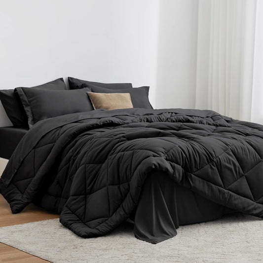 Love's cabin Queen Comforter Set, 7 Pieces Bed in a Bag, Black