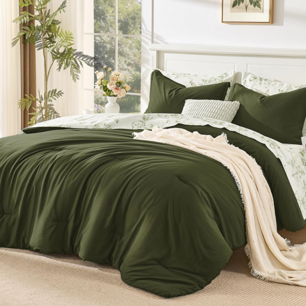 Litanika Floral Queen Comforter Set, 7 Peices Olive Green Bed in a Bag