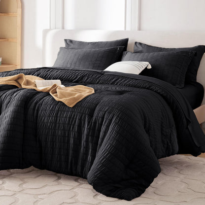 MUXHOMO Queen Comforter Set 7 Pieces, Seersucker Bed in a Bag, Beige