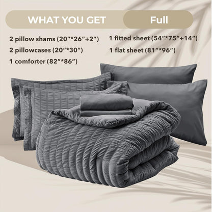 Full Comforter Set - 7PCS Bed in a Bag, Seersucker Bedding Set, Dark Grey