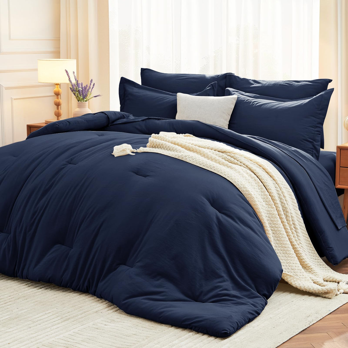 MUXHOMO Queen Comforter Set 7 Pieces, Soft Bed in a Bag, Olive Green