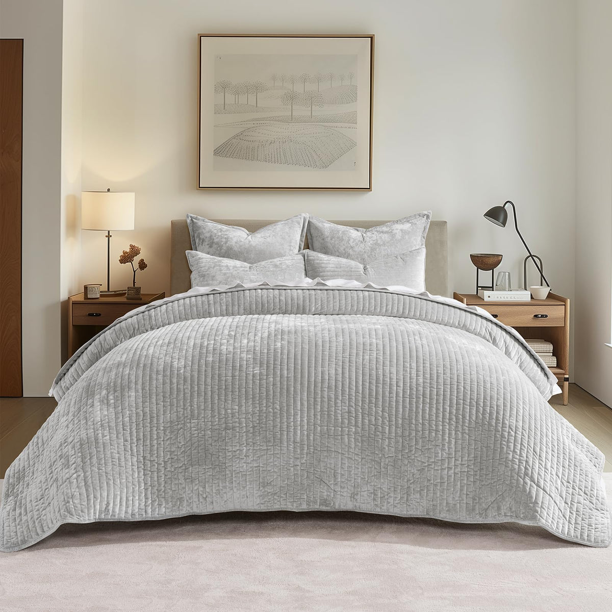 EverGrace Stripe Channel Luxury Velvet Quilt Set King Size, Beige Taupe