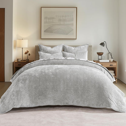 EverGrace Stripe Channel Luxury Velvet Quilt Set King Size, Beige Taupe