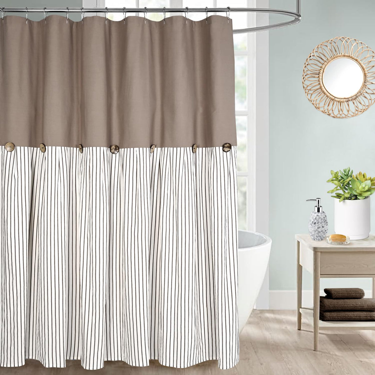 DOSLY IDÉES Farmhouse Shower Curtain,Beige and Gray Stripe,Button Curtain,Linen and Cotton Woven Fabric,Rustic Charm Country Chic Style,72x72 in