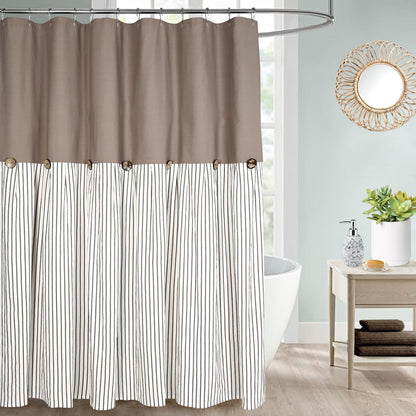 DOSLY IDÉES Farmhouse Shower Curtain,Beige and Gray Stripe,Button Curtain,Linen and Cotton Woven Fabric,Rustic Charm Country Chic Style,72x72 in