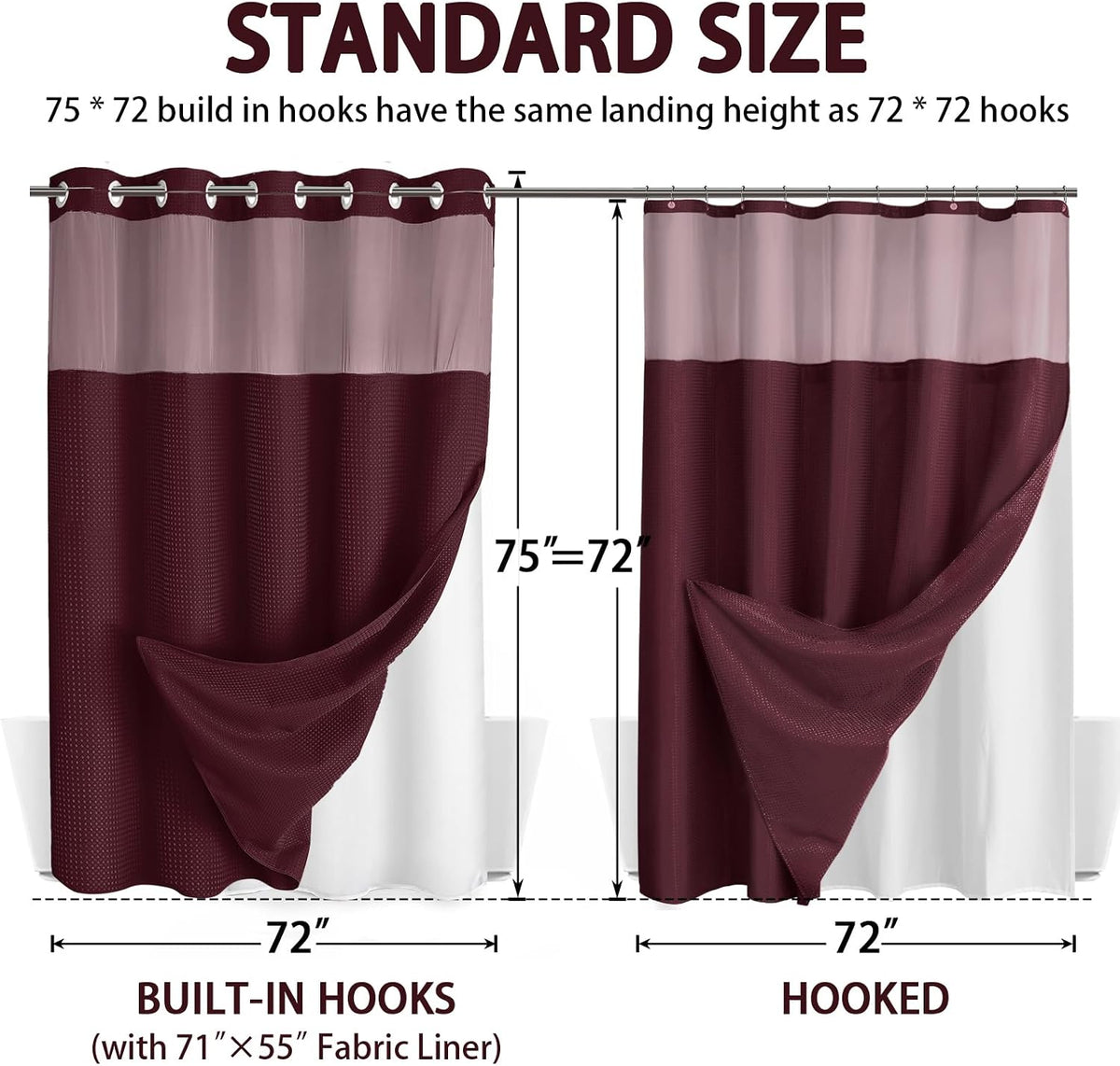 No Hook Shower Curtain with Liner Set Hotel Waffle Burgundy 72W X 75L
