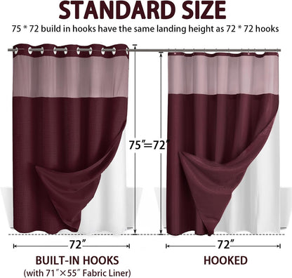 No Hook Shower Curtain with Liner Set Hotel Waffle Burgundy 72W X 75L