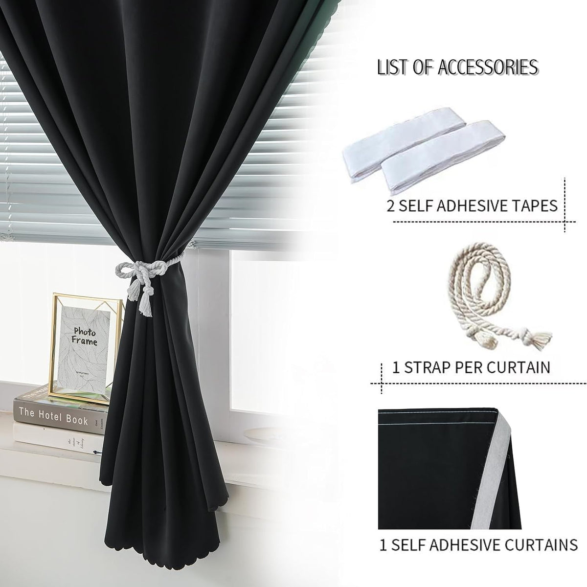 Adhesive Blackout Curtains- Self Stick Shades Window Blinds Curtains No Rod Needed Easy to Hang Curtains, Use for Bedroom, Living Room, Dining Room, Kitchen, Home Office, 35"W X 59"L, Black, 1 Panel