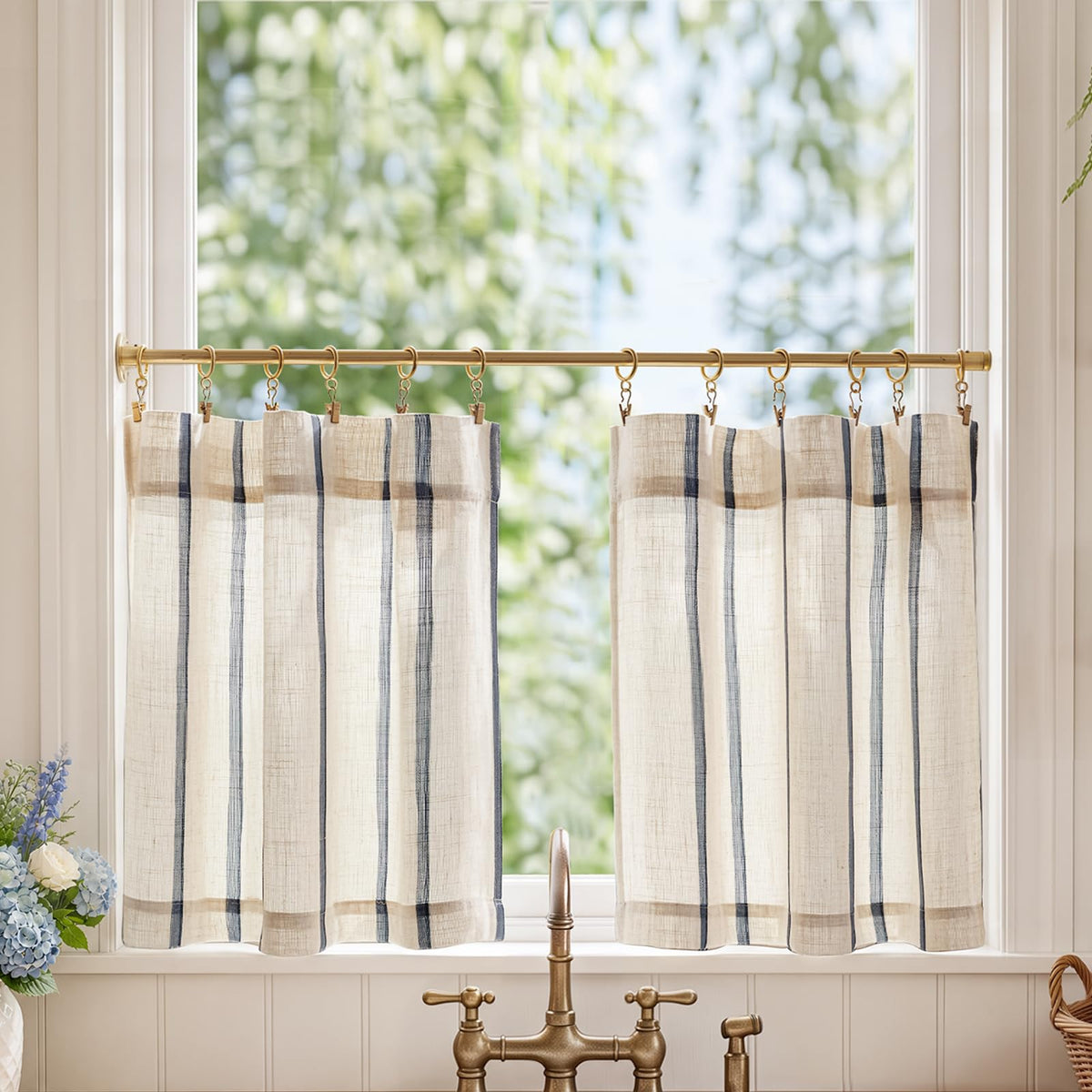 jinchan Linen Striped Tier Curtains for Kitchen Windows Green 26 x 24 inch