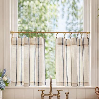 jinchan Linen Striped Tier Curtains for Kitchen Windows Green 26 x 24 inch