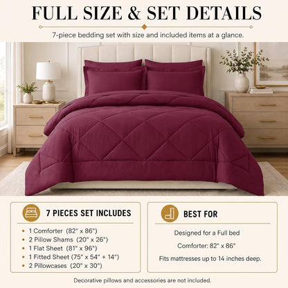 CozyLux Full Comforter Set 82"x86" Burgundy - 7 Piece Bed in a Bag