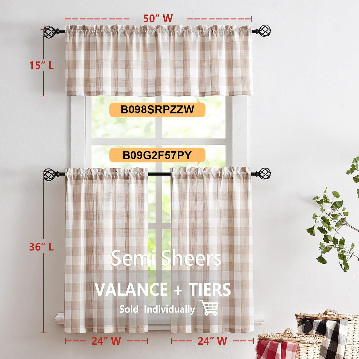 Taupe White Check Kitchen Tier Curtains for Basement Laundry 27x36 2pcs