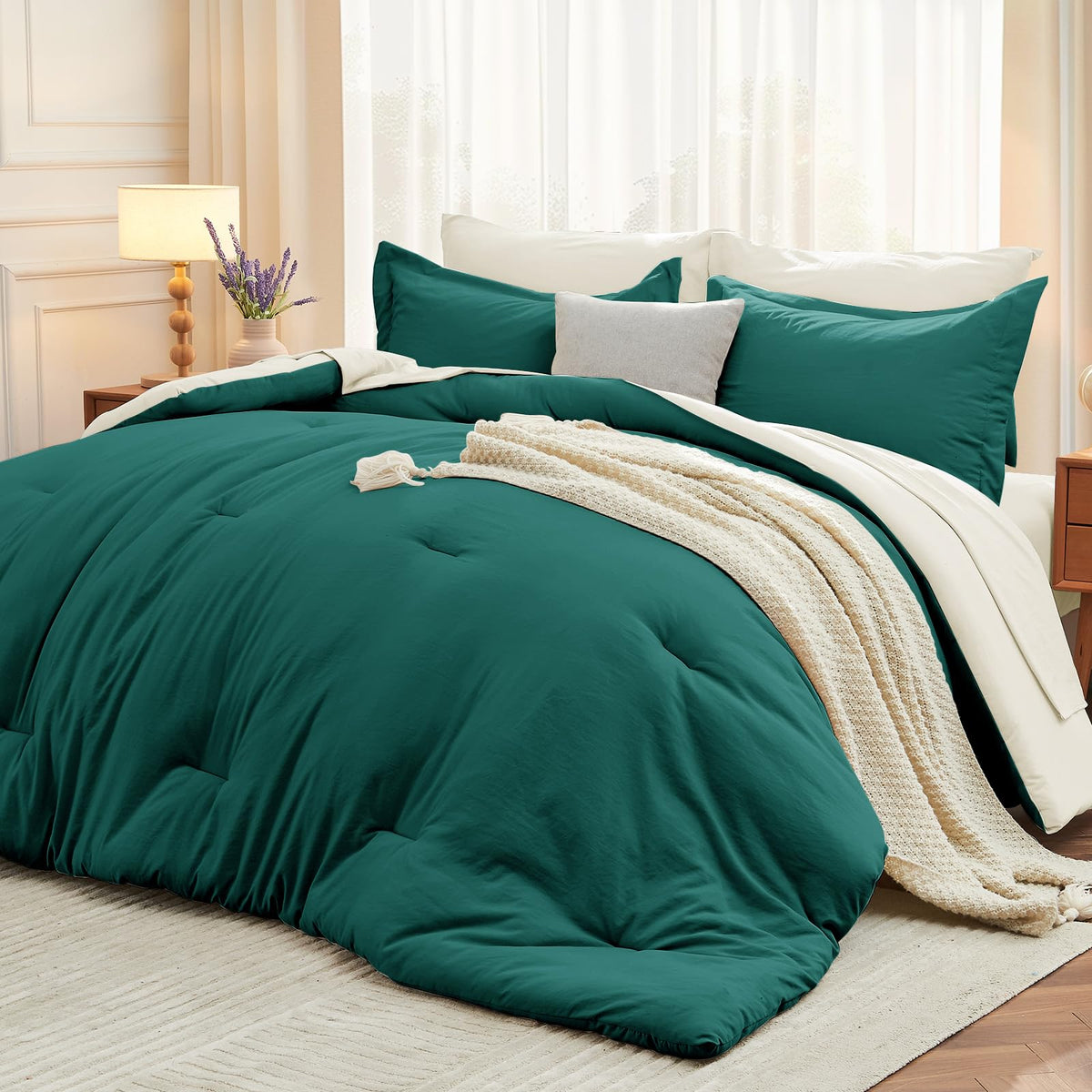 MUXHOMO Queen Comforter Set 7 Pieces, Soft Bed in a Bag, Olive Green