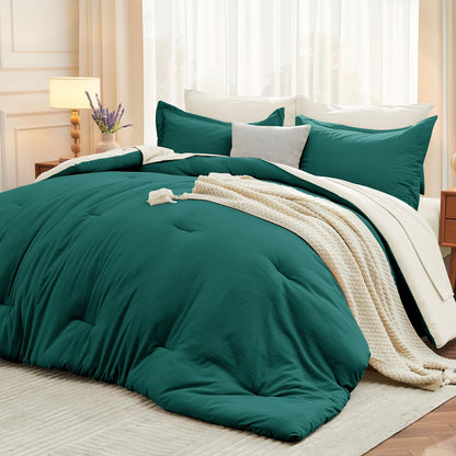 MUXHOMO Queen Comforter Set 7 Pieces, Soft Bed in a Bag, Olive Green