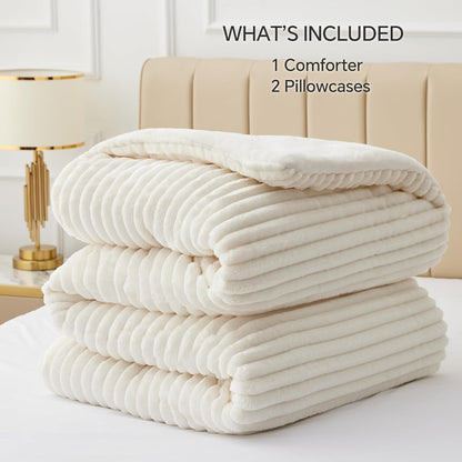 BEDELITE Fleece Queen Comforter Set, Fluffy Bed Set, Cream White