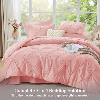 JOLLYVOGUE Queen Comforter Set 7 Pieces - Bed in a Bag Queen for All Season, Pintuck Bedding Comforter Sets with Comforter, Flat Sheet, Fitted Sheet and Pillowcases & Shams, Pink
