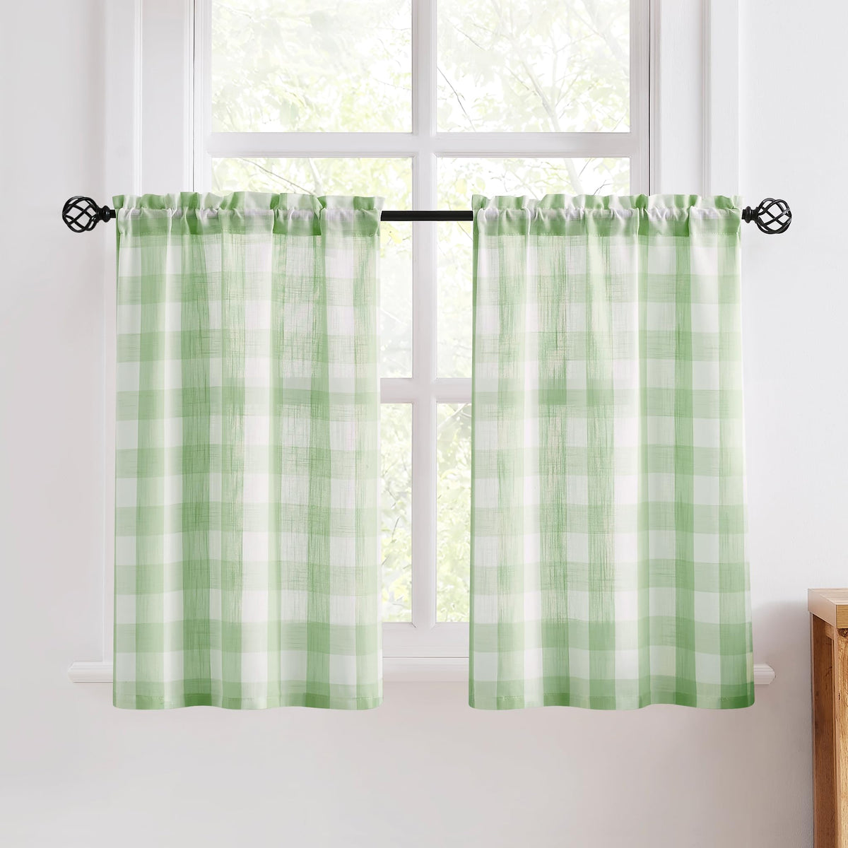 Taupe White Check Kitchen Tier Curtains for Basement Laundry 27x36 2pcs