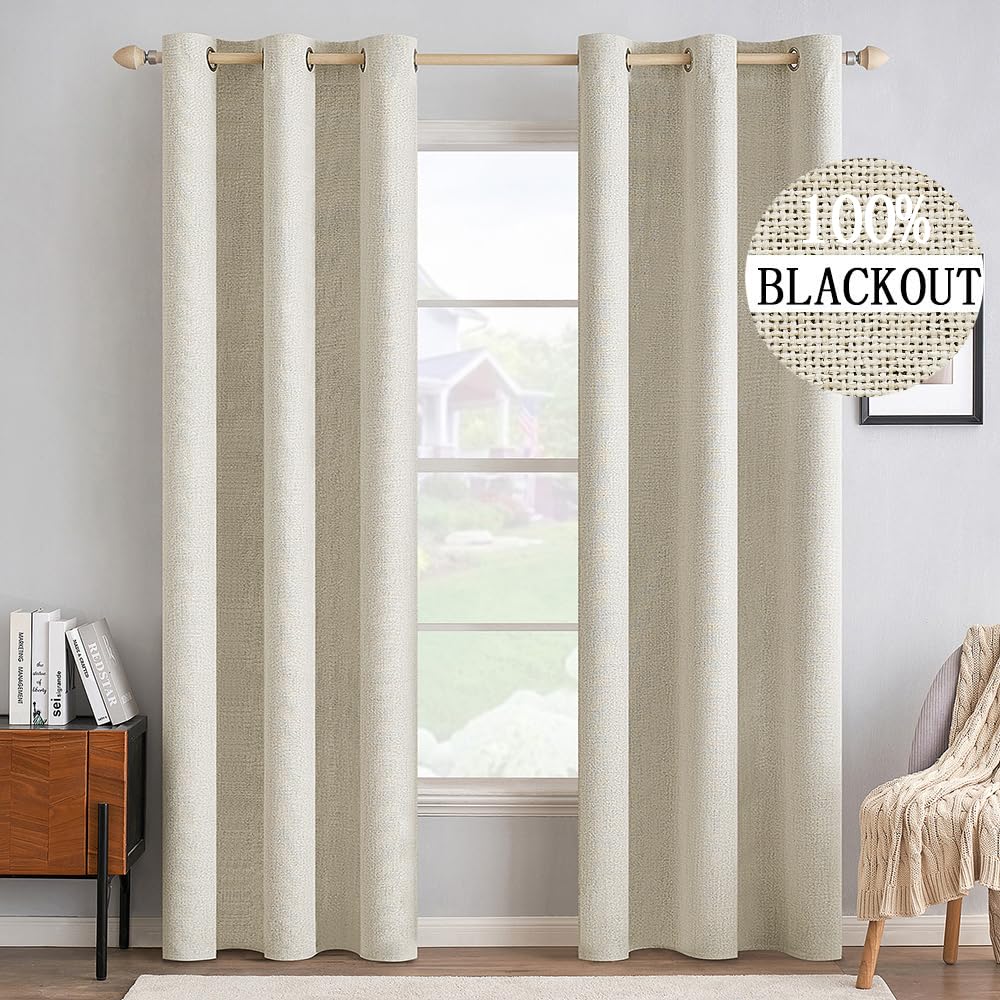 MIULEE 100% Blackout Linen Curtains for Bedroom 52x90 Inches Natural Beige