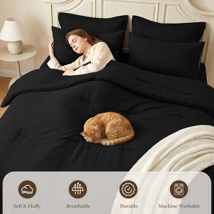 Queen Comforter Set 7 Piece - Black Soft Bed in a Bag Queen Size Comforter Sets, Lightweight Bedding Sets with Down Alternative Comforter, Flat Sheet, Fitted Sheet, 2 Pillowcases & 2 Shams