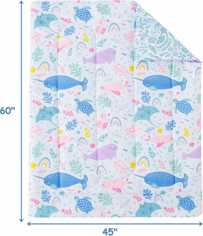 Mooreeke Toddler Bedding Sets for Girls,4 Pieces Blue Ocean Animals Printed