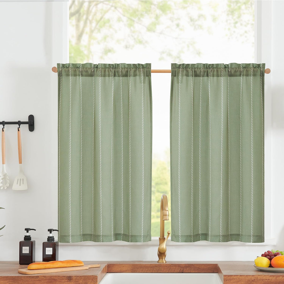 jinchan Linen Striped Tier Curtains for Kitchen Windows Green 26 x 24 inch
