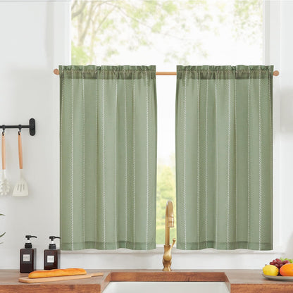 jinchan Linen Striped Tier Curtains for Kitchen Windows Green 26 x 24 inch