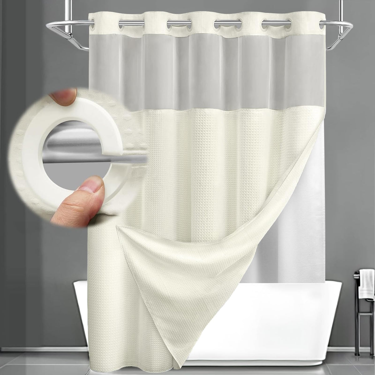 No Hook Shower Curtain with Liner Set Hotel Waffle Burgundy 72W X 75L