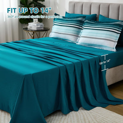Dobuyly Teal Queen Comforter Set 7 Pieces, Blue Boho Striped Bed in a Bag Queen Size Soft Microfiber All Season Bedding Set with Comforter, Sheets, Pillowcases & Shams
