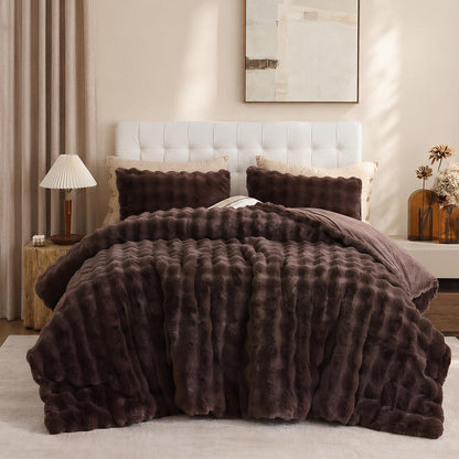 YIKUSH Queen Faux Fur Soft Comforter Set, Fluffy Linen Rabbit Fur Comforter