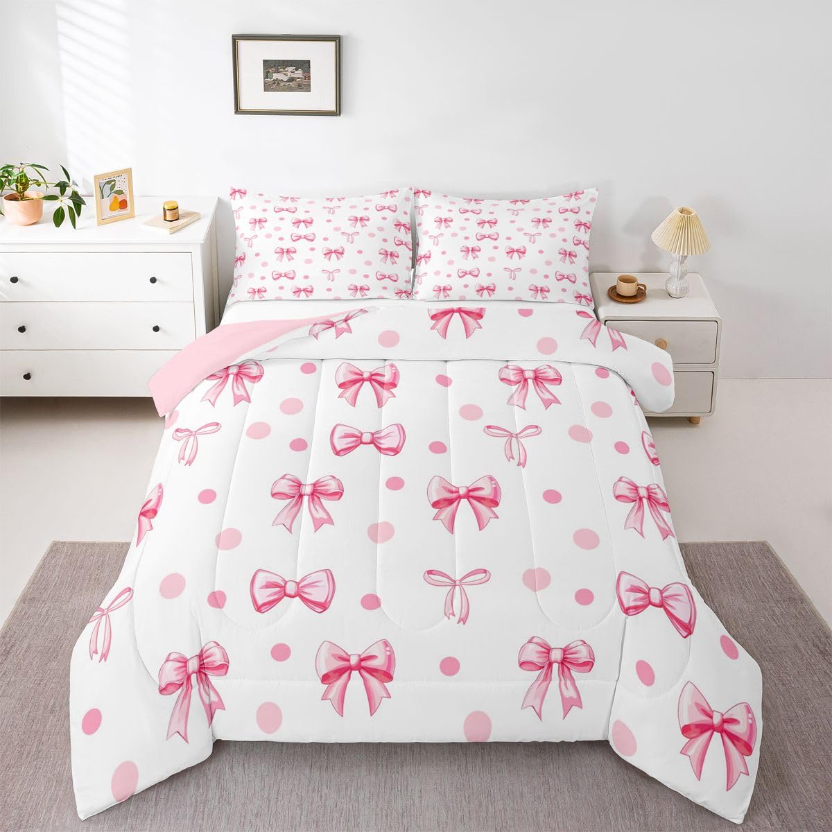 Erosebridal Cute Pink Bow Twin Bedding Set for Girls,Ribbon Bow Knot Comforter Set for Kids Kawaii Room Decor,Princess Bowknot Bed Set Girly Pink Bows Bedding Comforter Sets,1 Pillowcase