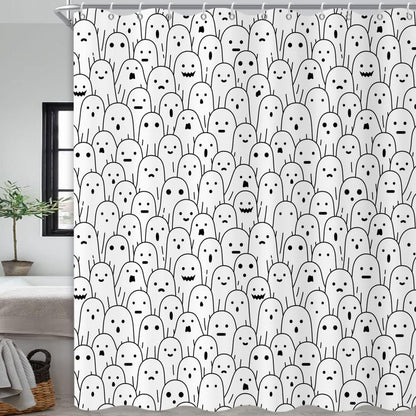 Halloween Shower Curtain, Black and White Funny Ghosts Icons Spooky Cute Halloween Bathroom Curtain Waterproof Fabric Machine Washable with Hooks, 72" Wx72 L