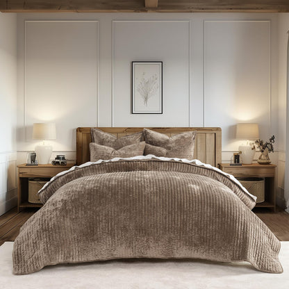 EverGrace Stripe Channel Luxury Velvet Quilt Set King Size, Beige Taupe
