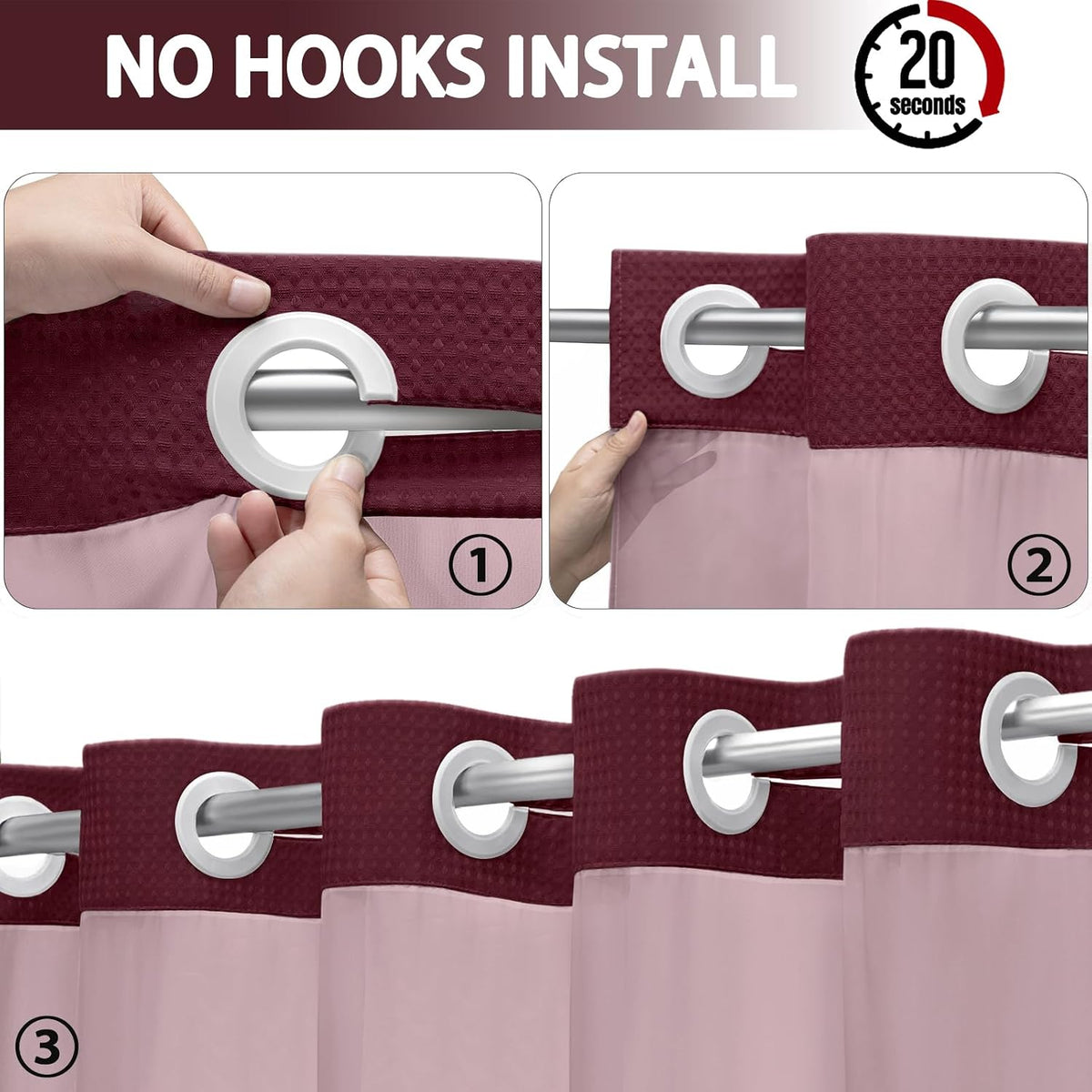 No Hook Shower Curtain with Liner Set Hotel Waffle Burgundy 72W X 75L